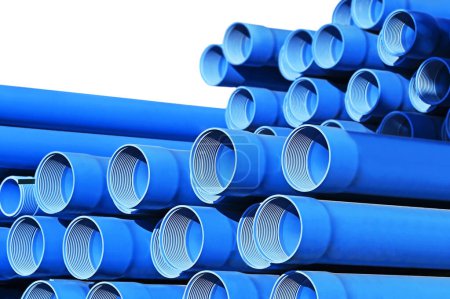 Photo for Stacked polymer casing pipe for borewell on white - Royalty Free Image