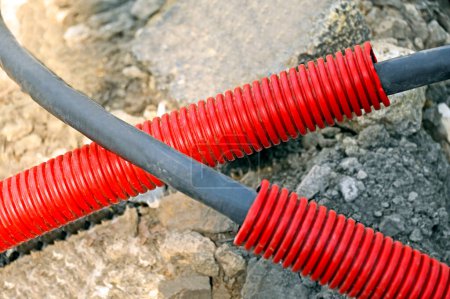 HDPE corrugated cable pipes on construction site
