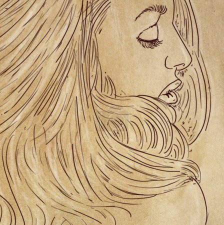 Foto de Mujer elegante con el pelo largo con un fondo antiguo profundo, línea artística, vintage - Imagen libre de derechos