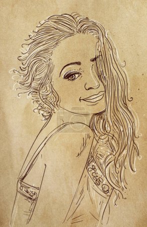 Foto de Mujer elegante con el pelo largo con un fondo antiguo profundo, línea artística, vintage - Imagen libre de derechos