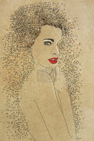 Foto de Retrato dibujado a mano de una hermosa chica con pelo rizado y labios rojos - Imagen libre de derechos