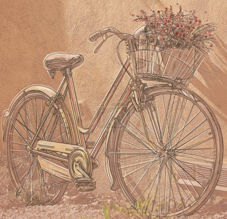 Foto de Bicicleta vintage con una cesta de flores en la pared. Ilustración vectorial. - Imagen libre de derechos