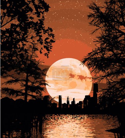 Foto de Puesta de sol sobre el lago y la silueta de la ciudad, ilustración vectorial - Imagen libre de derechos