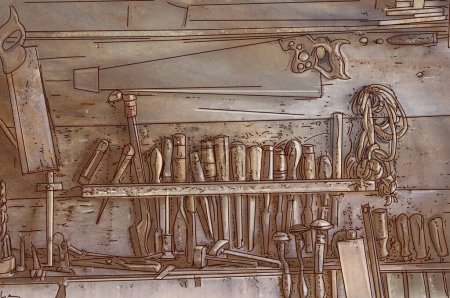 Foto de Las herramientas de madera en el estante en el taller. ilustración dibujada a mano. - Imagen libre de derechos