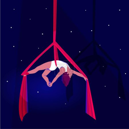 Gymnast woman doing exercises. Girl. Aerial silk dancer. Activities with a ribbon or hammock. Yoga. Stretching exercises. Anti-gravity relaxation.