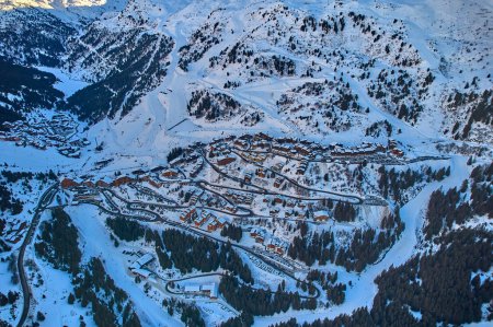 Photo for Breathtaking beautiful panoramic aerial view on Snow Alps - winter mountain peaks around French Alps mountains, The Three Valleys: Courchevel, Val Thorens, Meribel (Les Trois Vallees), France. - Royalty Free Image