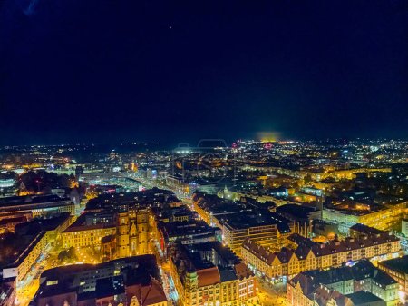 Aerial panoramic night view in the center of the old town, market square of Wroclaw (German: Breslau) - city in southwestern Poland, historical region of Silesia, Poland, Europe, EU