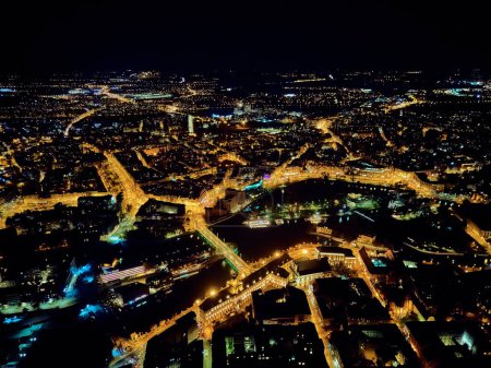 Aerial panoramic night view in the center of the old town, market square of Wroclaw (German: Breslau) - city in southwestern Poland, historical region of Silesia, Poland, Europe, EU