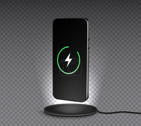 Illustration for Phone charge. Mobile cell phone charge battery from wireless smart charger. Modern technology, portable fast charger. - Royalty Free Image
