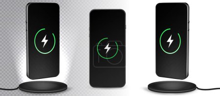 Illustration for Wireless technology. Mobile cell phone charge battery from wireless smart charger. External battery for mobile devices. - Royalty Free Image