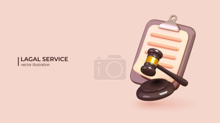 Illustration for 3D Law Service. Realistic 3d design of Judge hammer and Paper clipboard. Commercial law, Legal advice for business. Vector illustration in cartoon minimal style. - Royalty Free Image