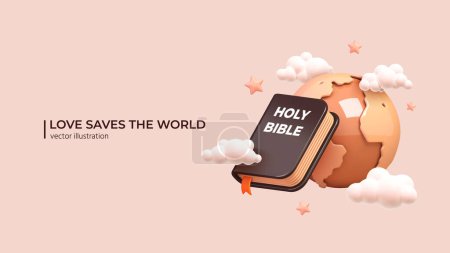 Téléchargez les illustrations : 3D Bible and Earth. Realistic 3d design of Holy Bible Earth Planet with Clouds and Stars around. Better World Concept in cartoon minimal style. Vector illustration - en licence libre de droit