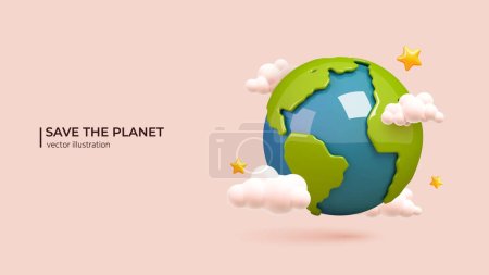 Téléchargez les illustrations : 3D Global Warming and Climate Change Concept. Conception 3D réaliste de Planète Terre avec des nuages et des étoiles autour dans le style de dessin animé minimal. Illustration vectorielle - en licence libre de droit