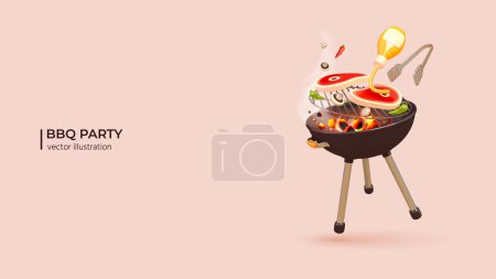 Illustration pour BBQ 3d réaliste Grill. Conception 3D réaliste de cuisson au gril avec des flammes, steak et légumes. Pique-nique d'été ultra réaliste dans le parc avec barbecue. Illustration vectorielle en dessin animé style minimal. - image libre de droit