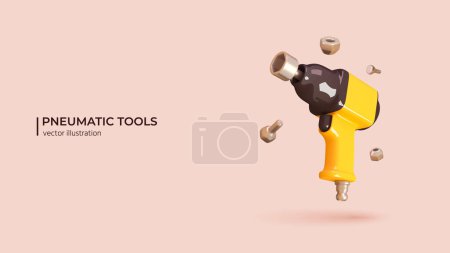 Illustration for 3D Pneumatic Tool Concept. Realistic 3d design of Pneumatic Screwdriver in cartoon minimal style. 3D Vector illustration. - Royalty Free Image