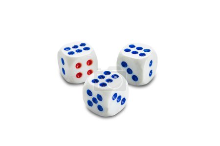 High angle view of three dice isolated on white background with clipping path, closeup, horizontal format.