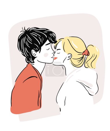 Romantic kiss of young blonde girl with ponytail and man. Line doodle illustration. Valentines day minimalism drawing.