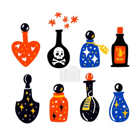 Illustration for Magic potion bottles set. Love potion, death poison in different bottles. Vector illustrations collection isolated on white background - Royalty Free Image