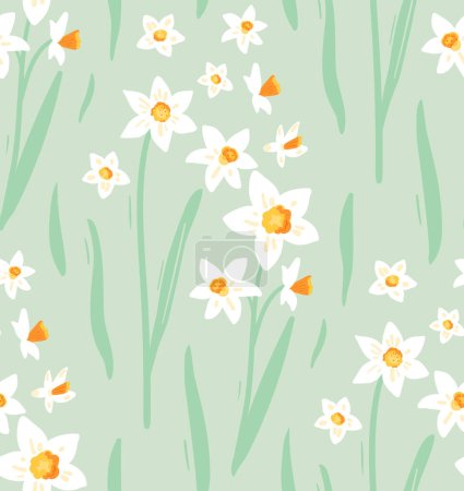Illustration for Daffodils flowers pattern, seamless background, soft pastel colors. Spring texture. - Royalty Free Image