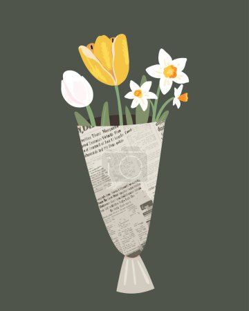 Téléchargez les illustrations : Bouquet de fleurs printanières dans le journal. Carte de voeux tulipes et jonquilles pour la journée internationale de la femme - en licence libre de droit