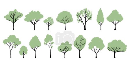 Ilustración de Green trees silhouettes set. Vector hand drawn isolated illustrations of different trees. - Imagen libre de derechos