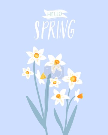 Illustration for Spring poster, yellow daffodils on blue background, hand lettering text hello sping. Beautiful nature card illustration. - Royalty Free Image
