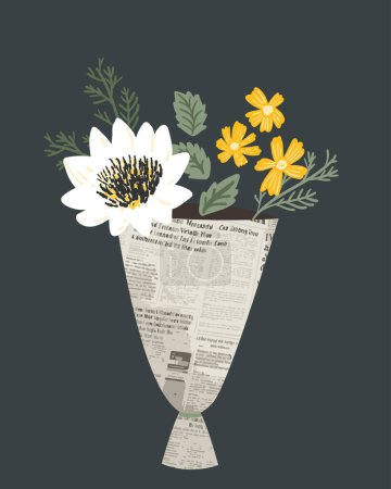 Illustration for Modern bouquet with flowers in newspaper. Protea flower, cosmeas and green leaves. Greeting card illustration - Royalty Free Image
