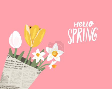 Illustration for Hello Spring banner, tulips and daffodils bouquet in newspaper on pink background - Royalty Free Image