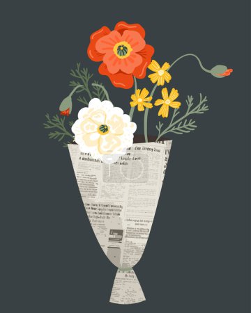 Ilustración de Ramo de flores silvestres modernas en periódico sobre fondo verde oscuro. Primavera tarjeta de felicitación vector ilustración. - Imagen libre de derechos