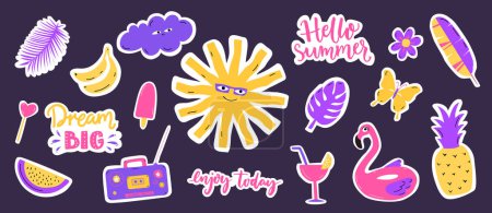 Illustration for Summer stickers set, bold colorful illustration of sun, flamingo swimming trunk, tropic leaves and inspirational quotes. Retro patches design elements - Royalty Free Image