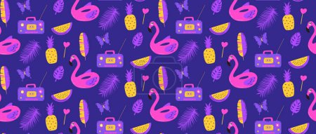 Summer seamless pattern, pink flamingo swimming trunk and tropical leaves background. Colorful print for textile, apparel and paper design