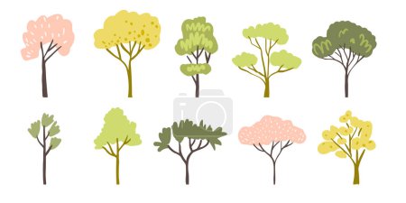 Ilustración de Árboles de primavera aislados sobre fondo blanco, diferentes troncos y follaje. Elementos de diseño de paisaje vectorial. - Imagen libre de derechos