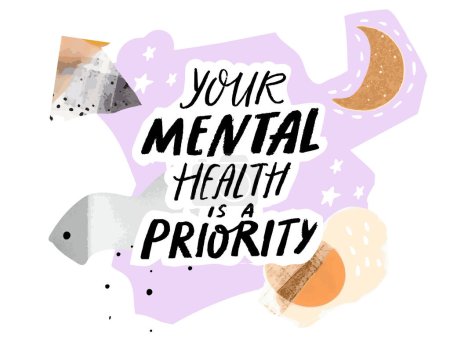 Illustration for Your mental health is a priority. Motivational quote, modern collage style with pieces of paper, moon, hand drawn stars. Handwritten inspirational saying for apparel print, poster design - Royalty Free Image
