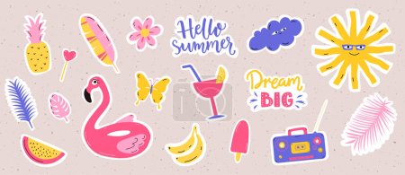 Ilustración de Pegatinas frescas de verano, hojas tropicales, flotador inflable flamenco, sol y frutas. Retro diario vector ilustraciones - Imagen libre de derechos