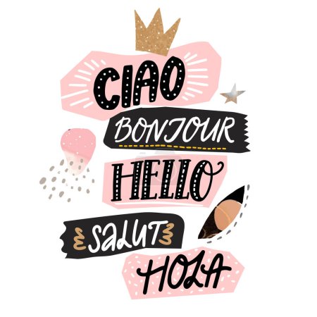 Illustration for Hello word in english, spanish, french languages. Handwritten words, paper collage playful style. Vector illustration for apparel print, hotel and school posters. - Royalty Free Image