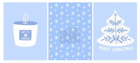 Illustration for Christmas tree cards set, snowflakes wrapping paper pattern. Illustrations of candle and Christmas tree. Blue holiday greetings. Vector design - Royalty Free Image