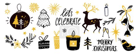 Illustration for Christmas vector illustrations isolated on white banner. Black deer silhouette, hand drawn decoration, candles and Christmas tree. Gift boxes, hanging bells and lettering text lets celebrate - Royalty Free Image