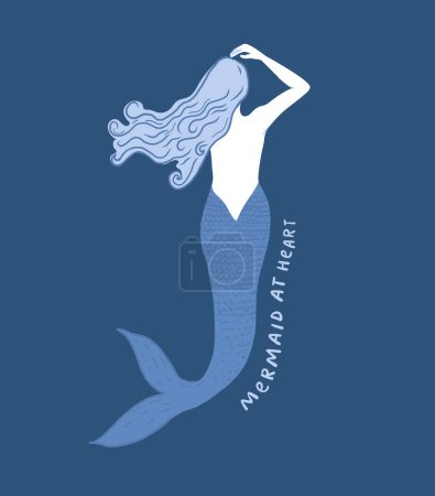 Illustration for Blue mermaid illustration, woman with beautiful hair and tail. Sea summer print design, inspirational quote mermaid at heart. Vector nautical art. - Royalty Free Image