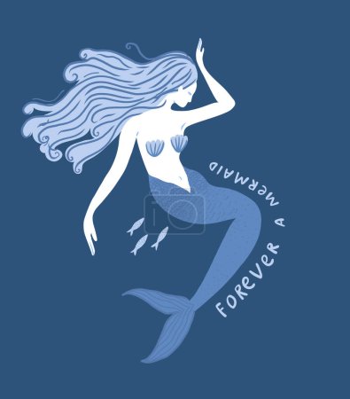 Illustration for Blue mermaid illustration, woman with beautiful hair and tail. Sea summer print design, inspirational quote Forever a mermaid. Vector nautical art. - Royalty Free Image