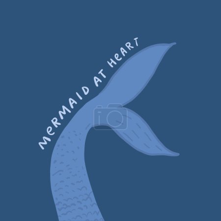 Illustration for Blue mermaid tail illustration with text mermaid at heart. Sea summer print design, inspirational typography. Vector nautical art. - Royalty Free Image