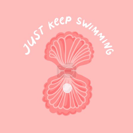 Illustration for Just keep swimming. Shell illustration and typography, inspirational ocean print for t-shirt, apparel design, posters. Beach hand drawn vector. - Royalty Free Image