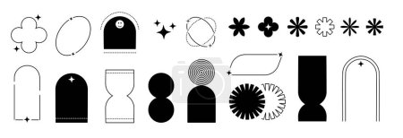 Illustration for Modern graphic design elements. Geometry shapes, arc, oval frames with sunburst and sparkles. Black and white vector decorative figures - Royalty Free Image