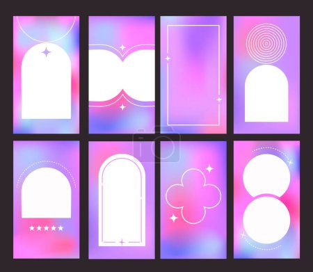 Illustration for Trendy gradient stories template set. Vertical banners with minimalist aestetic frames on blue and violet color mix - Royalty Free Image