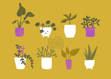 Téléchargez les illustrations : Plantes domestiques mignonnes dans des pots, des fleurs en croissance et des plantes vertes, illustration de jardin vectoriel maison. - en licence libre de droit