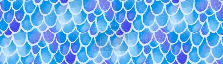 Téléchargez les illustrations : Motif sirène, texture à l'échelle aquarelle. Bleu peint à la main queue de poisson sous-marin fond vectoriel sans couture - en licence libre de droit