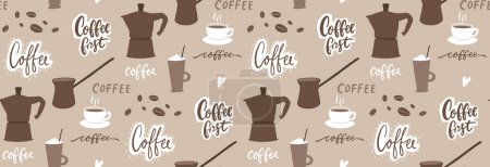 Illustration for Coffee pattern, repeat background wallpaper, package paper. Moka pot, coffee cups, handwritten words and quotes. Brown vector texture. - Royalty Free Image