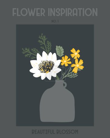 Ilustración de Cartel floral, hermoso ramo de flores blancas y amarillas en jarrón. Estilo de portada de revista Vintage, diseño de vectores de impresión de moda - Imagen libre de derechos