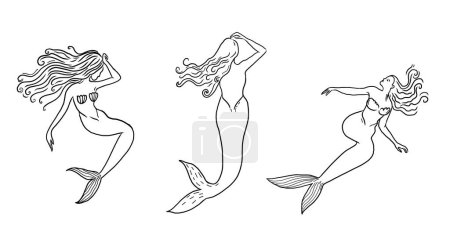 Illustration for Mermaid drawings, black and white line vector illustration set for summer prints, tattoo, apparel design. - Royalty Free Image