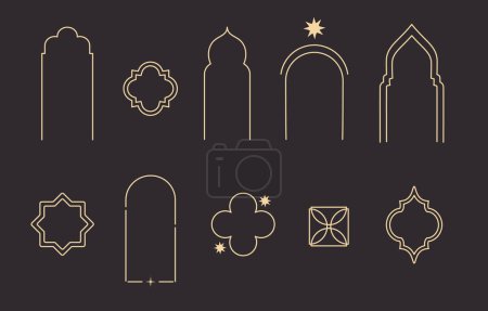 Illustration for Islamic window, line arc frame decoration elements on black background. Different vector shapes and silhouettes of traditional portals. - Royalty Free Image