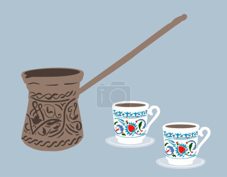 Illustration for Traditional Turkish coffee pot cezve with two small coffee cups, vector illustration. - Royalty Free Image